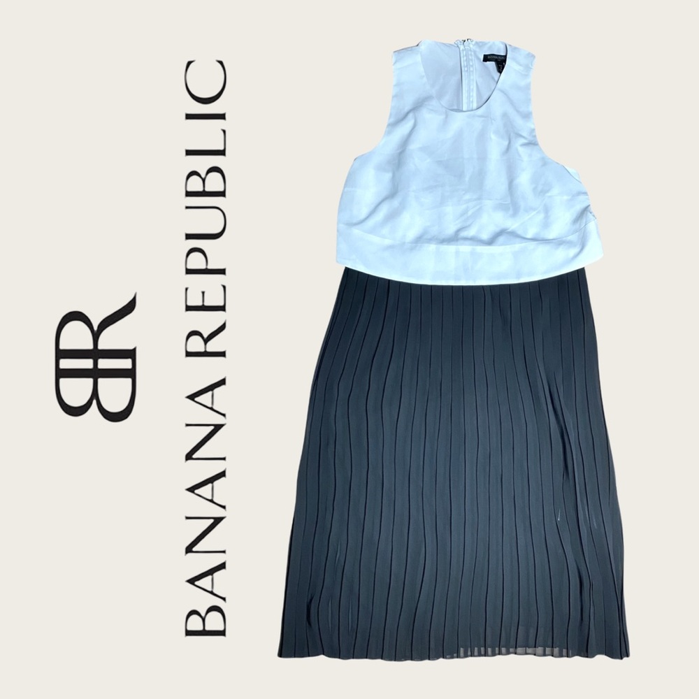 Banana Republic Women’s Black/White Sleeveless Pleated Office Midi Dress 2Petite